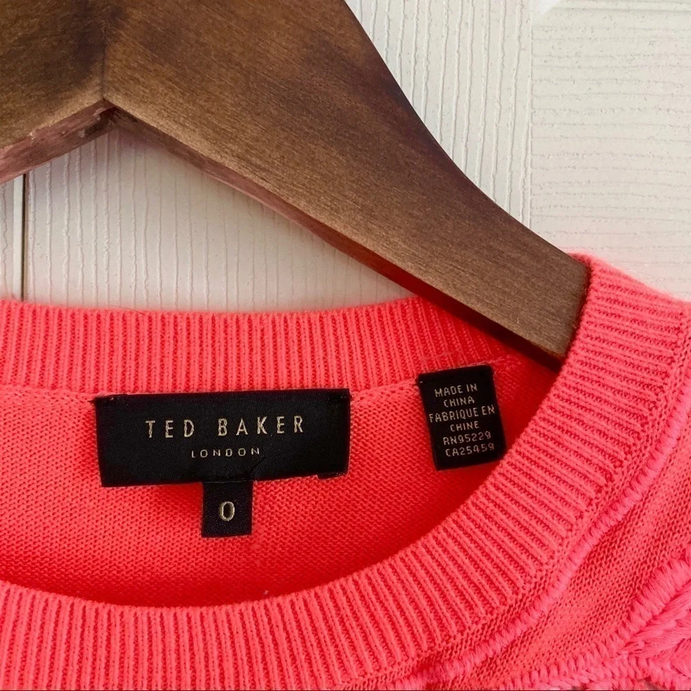Ted Baker Hot Coral Lace Neck 3/4 Sleeve Sweater
